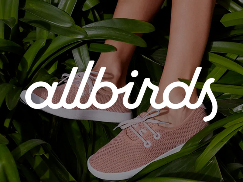 Allbirds logo over an image of a white woman't legs wearing pink Allbirds shoes surrounded by plants.